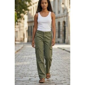 American Eagle Wide Leg Cargo Pants Green Super High Rise Stretch Sz 8 Long NWOT
